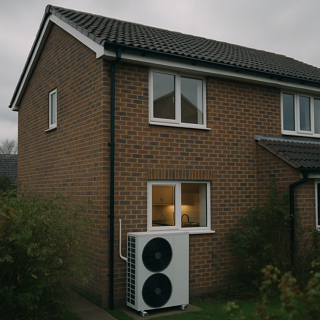 Air source heat pump unit installed on the side of a British semi-detached home, illustrating heat pump adoption UK