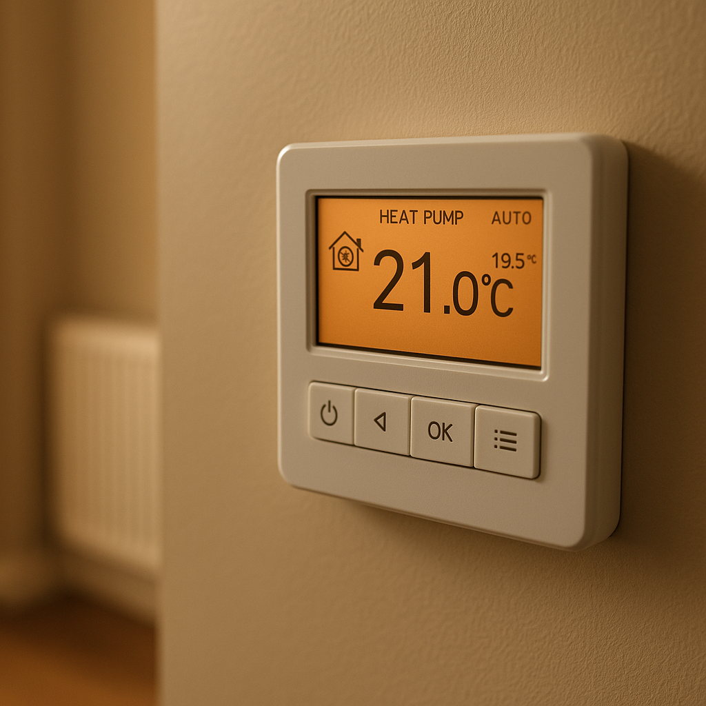 Heat pump thermostat control panel inside a UK home, showing energy settings relevant to heat pump adoption UK