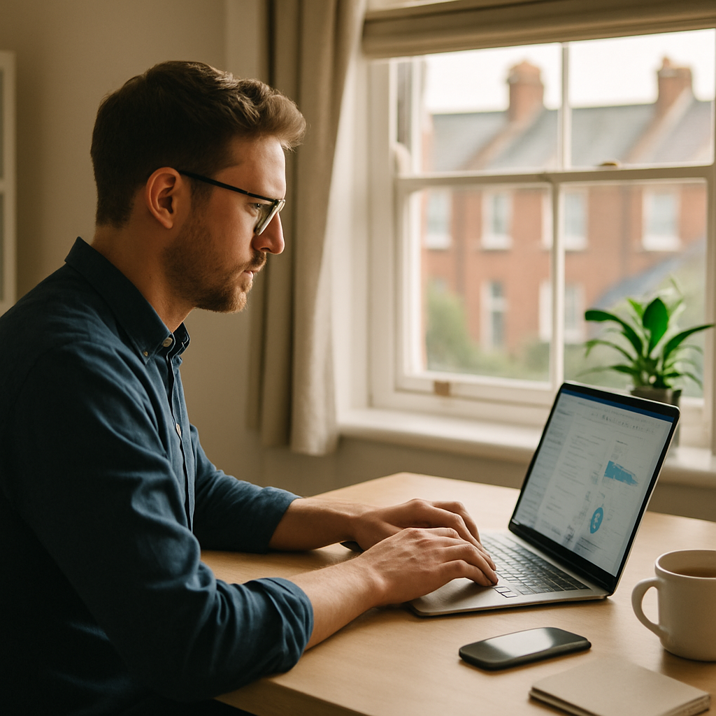 UK worker using AI productivity tools at a home office desk in a British terraced house